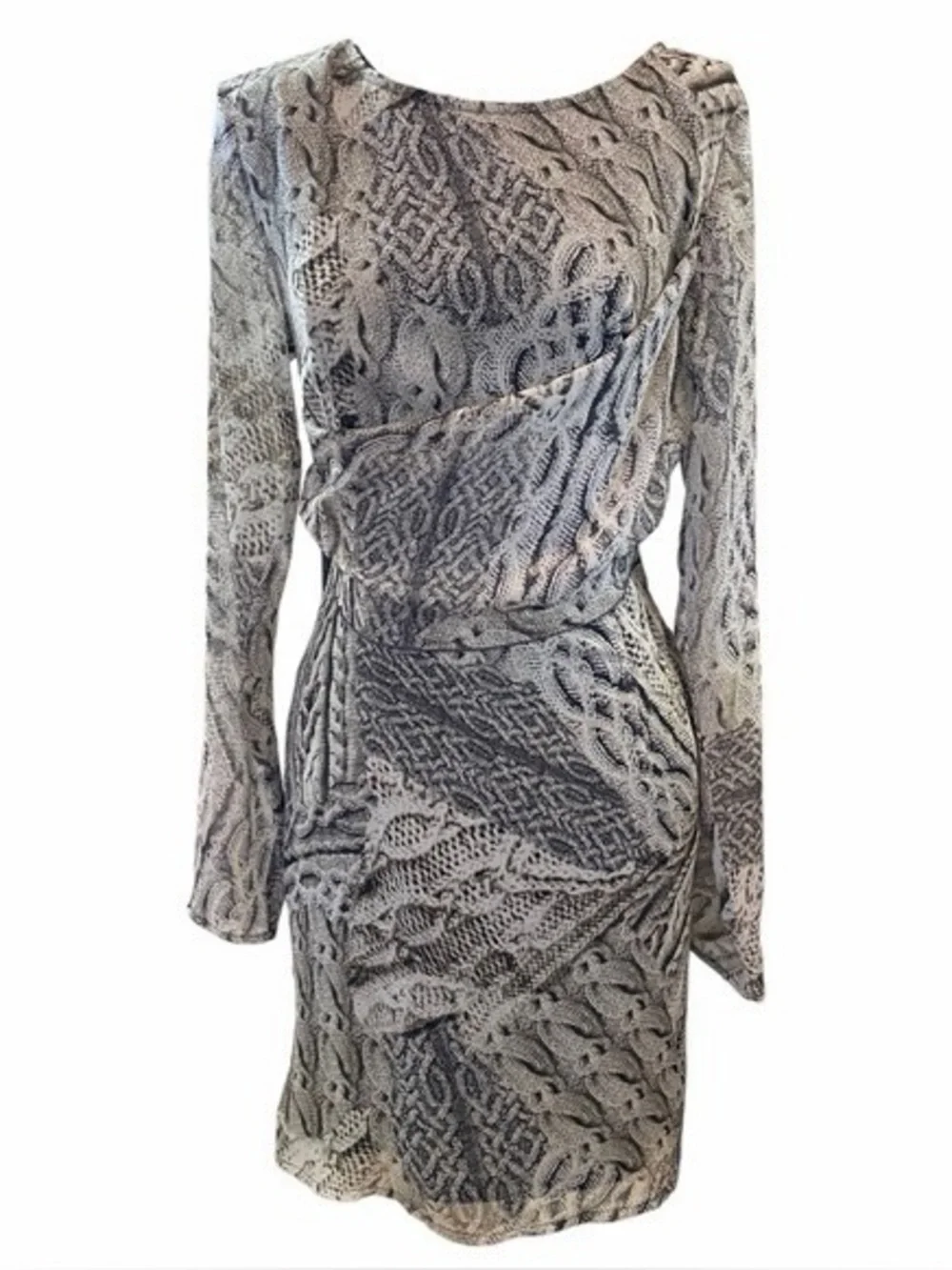 Vivienne Tam Gray Patterned Long Sleeve Wrap-Style Dress